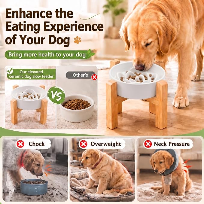 Elevated Ceramic Slow Feeder Dog Bowls Anti-Choking Slow Feeding for Medium& Large Anti-Slip Non-Lead & Toxic Durable Easy to Clean Maze Slow Feeder Bowl（8.66in White Flower Pattern） - Image 4
