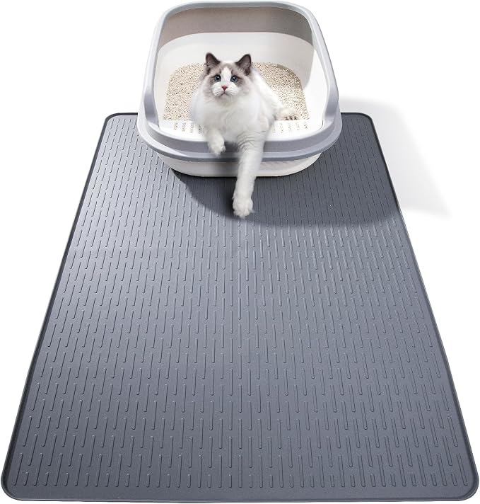 Silicone Cat Litter Mat, Waterproof, Raised Edge, 28 x 20 in, Gray | Quick-clean silicone, leakproof floor protection, non-slip base, doubles as feeding mat by ondware