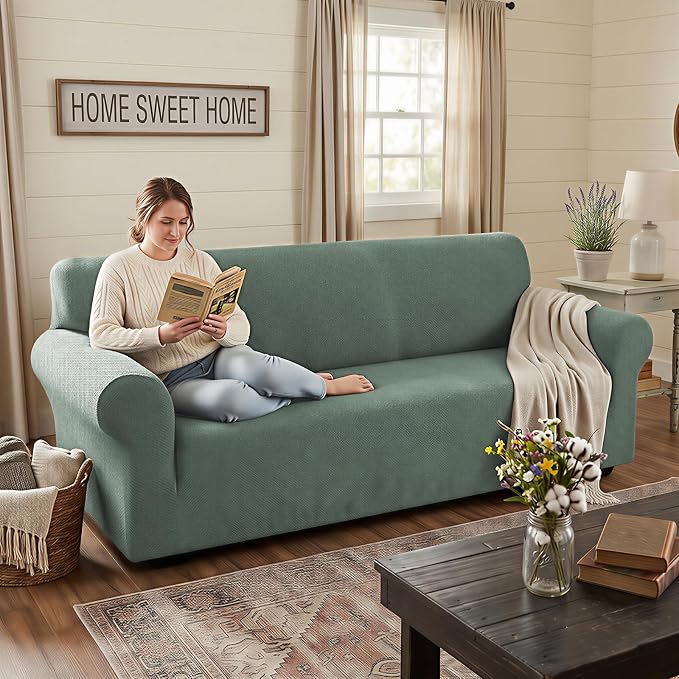 XINEAGE Stretch Jacquard Sofa Cover, Non Slip Sofa Slipcover for Dog | High-Stretch Fabric. Wear-Resistant, Pet Friendly. Easy Install & Washable for Living Rooms, Offices.Pea Green - Image 3
