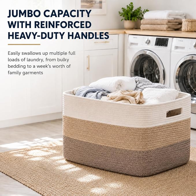 OIAHOMY Blanket Basket Laundry Basket Dog Toy Basket 75L Gradient Brown | Large Storage Basket,Baby Basket,Toy Storage,Woven Rope Basket for Blankets,Blanket Storage for Living Room - Image 3