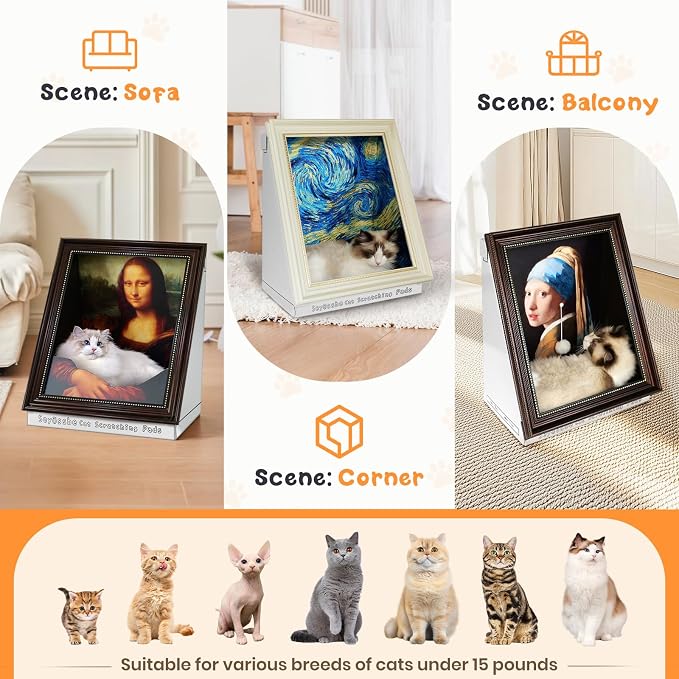 Mona Lisa Cat Bed Painting Cat Scratcher Bed CartBoard Cat House Beds for Indoor Cats Half-Surround Design W/Horizontal Cat Scratcher Scratching Board W/Catnip (The Star Night, Frame Pre-Taped) - Image 5