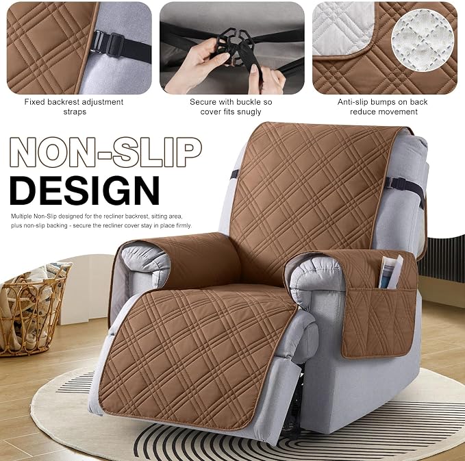 TAOCOCO Waterproof Recliner Chair Cover, Non Slip Oversized Recliner Covers for Recliner Chair with Pocket, Reclining Chair Cover Furniture Protector for Kids, Dogs(28'', Brown) - Image 6