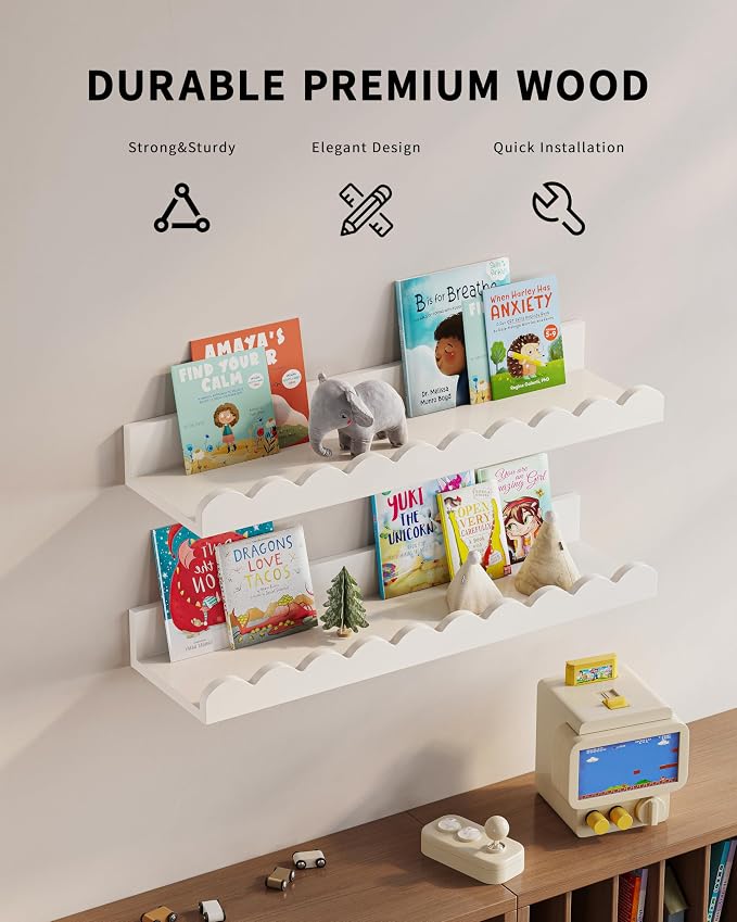 G&W Gruwald Nursery Book Shelves, Set of 3, Nursery Decor for Baby and Toddler, Scalloped Shelves, Book Shelf for Kids Rooms, Wall Book Shelf for Bedroom Kids - Image 5