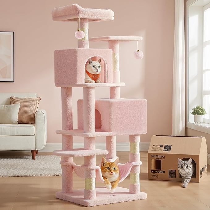 Feandrea Cat Tree, 59.5-Inch Tall Cat Tower, Multi-Level Condo, Jelly Pink | with 5 Scratching Posts, 2 Perches, 2 Caves, Hammock, 2 Pompoms, 2 Caves for Indoor Cats, Easy to Assemble, UPCT192P01 by FeandreabySONGMICSHOME