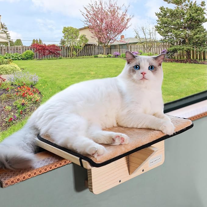 Petsfit Cat Window Perch Natural Solid Wood with Removable Fleece Mat, Safety Sturdy Cat Perch, Fit for Windows/Door/Drawer by Petsfit