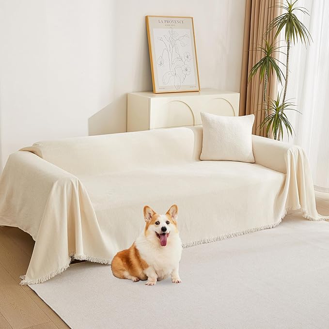 MYSKY HOME Boho Couch Cover Beige Sofa Covers with White Tassel Farmhouse Sofa Slipcover Simple Couch Protector for Dogs Chenille Sectional Couch Covers L Shaped Couch Cushion Covers, 91"x 134" by MYSKYHOME