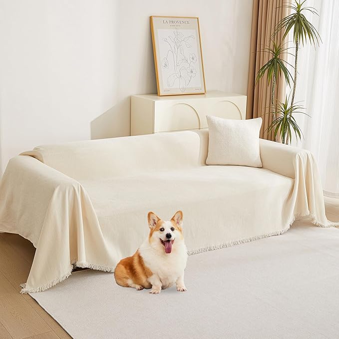 MYSKY HOME Loveseat Cover Beige Couch Cover Sectional Couch Covers for 2 Cushion Couch Sofa Thick Universal Chenille Sofa Cover with Tassel Durable Furniture Protector for Dogs 91" x 118" by MYSKYHOME
