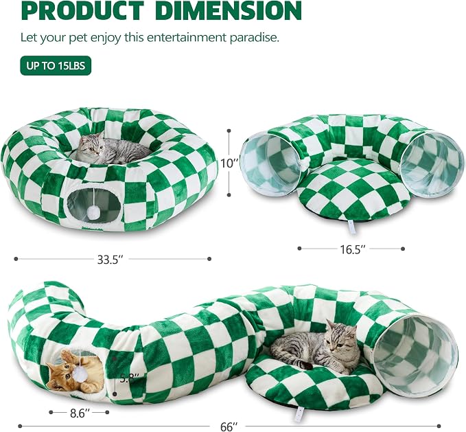 Cute Round Cat Tunnel for Indoor Cats, Green/White | Peekaboo Cat Cave with Dangling Balls, Checkered Pet Donut Tunnel Bed with Circle Mat for Puppy Kitten Rabbit - Image 6