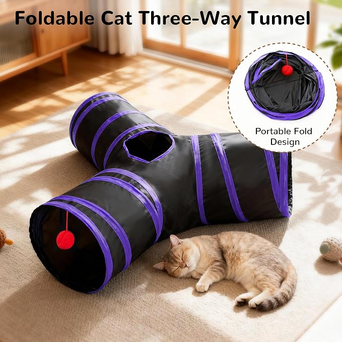 Tempcore Cat Tunnel for Indoor Cats, 3 Way Collapsible Pet Play Tunnel with Teaser Wand, Peek Holes & Hanging Ball, Interactive Tube for Kittens & Rabbits, Black & Purple - Image 6