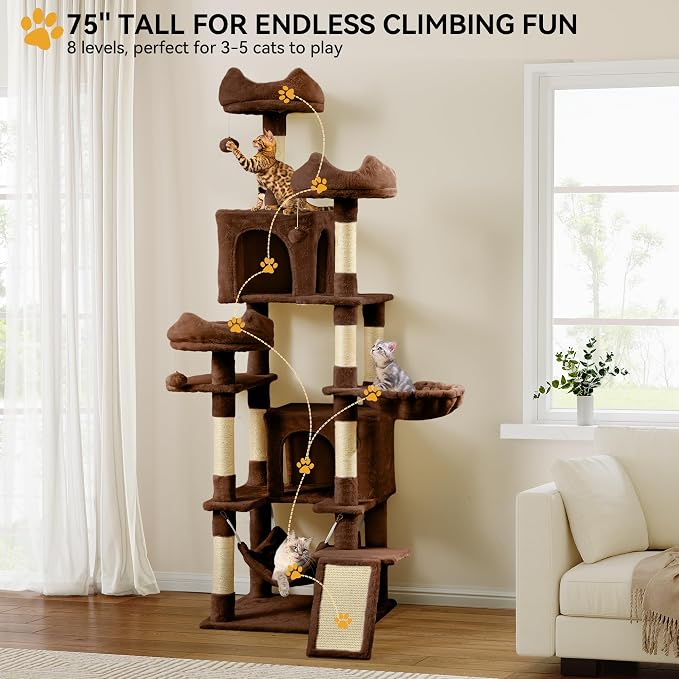 YITAHOME 75-Inch Tall Cat Tree Indoor | Multi-Level Cat Tower with Kitty Condos, Top Perches, Sisal Ramp, Scratching Posts & Cozy Basket Hammocks, Black - Image 2