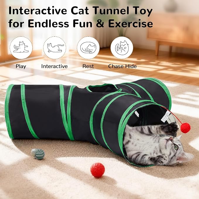 Tempcore Cat Tunnel for Indoor Cats, 3 Way Collapsible Pet Play Tunnel with Teaser Wand, Peek Holes & Hanging Ball, Interactive Tube for Kittens & Rabbits, Black & Green - Image 3