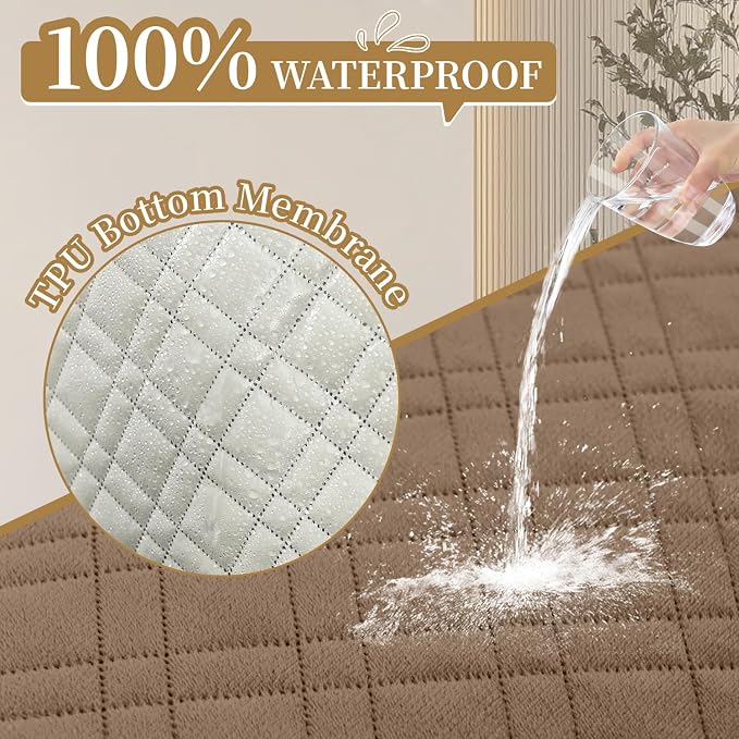 Velvet 100% Waterproof Loveseat Covers Washable Love Seat Couch Covers for 2 Cushion Couch Sofa Pet Friendly Sofa Slipcovers Dogs Furniture Protector with Pockets (Medium-XL, Light Brown) - Image 2