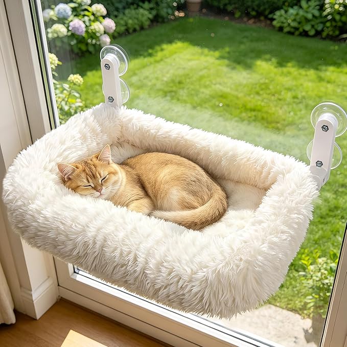 Zoratoo Foldable Cat Window Perch, Widened Cushion Cat Bed for Large Cats | M-White, Extra-Thick and Fluffy Bolster, Large Lying Space, Machine Washable, Cat Window Hammock with Sturdy Metal Frame by Zoratoo