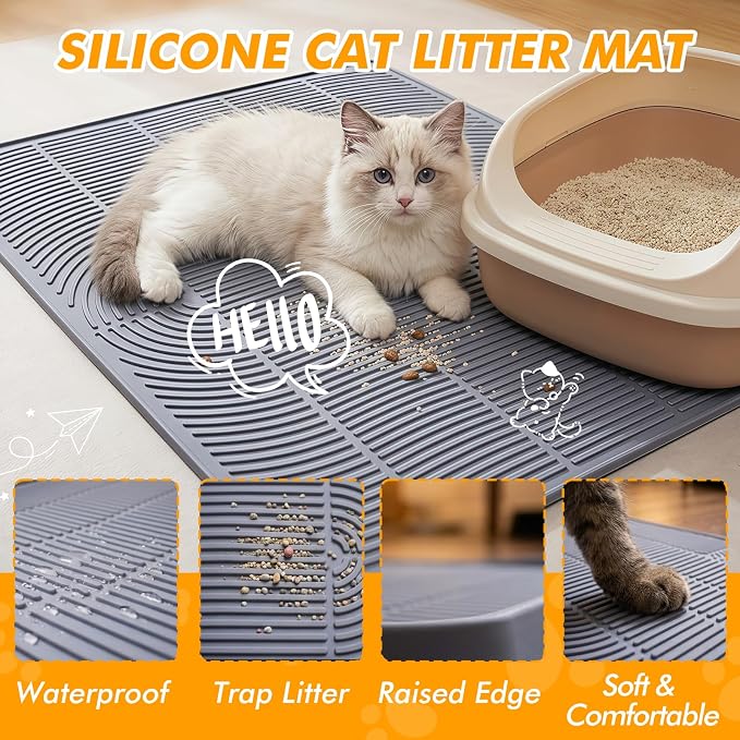 Extra Large Cat Litter Mat 47" x 35" Silicone Litter Trapping Mat for Scatter Control, Catcher for Kitty Litter, Non-Slip Waterproof Floor Protector, Easy to Clean, Gray - Image 3