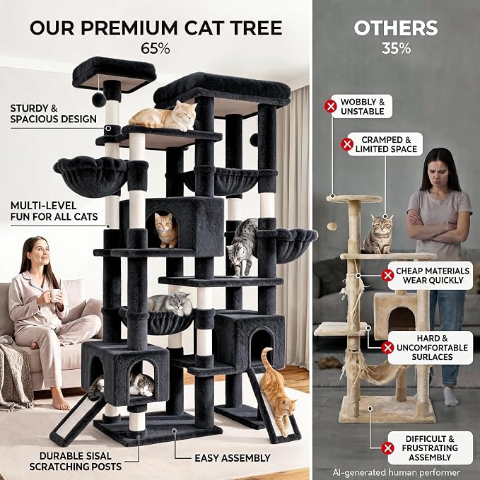 Sha Cerlin 87 in Multi-Level Tall Cat Tree Tower for Large Cats/Extra Wide Feline Activity Center/Sisal Scratching Posts/Wide Base/Cozy Plush Perches/Baskets/Hammocks/Toy Balls/Dark Grey - Image 6