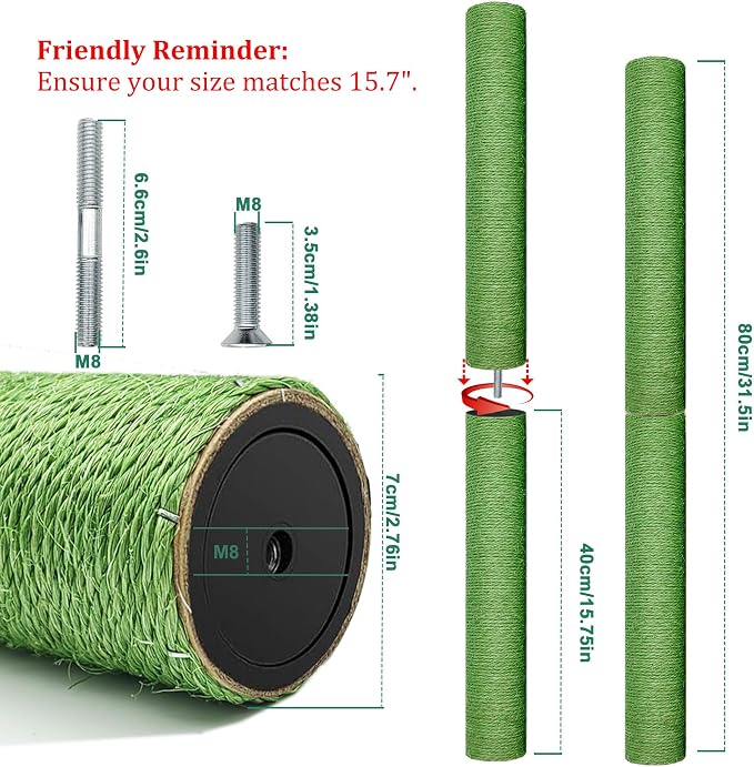 Cat Scratching Post Replacement for Cactus Cat Tree & Tower, Green 4 PCS 15.7in, Natural Sisal Replacement Parts with M8 Screws, Cute Green Cat Tree Refurbishment - Image 2