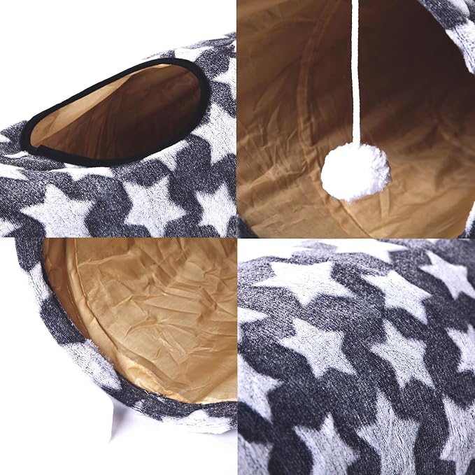 Cat Tunnel -Straight-Shaped, Gray Star Pattern, Soft Velvet Exterior, Oxford Fabric Fog-Proof Interior, Plush Toy Ball, Easily Washable, Conveniently Foldable, 47.2in/120cm - Image 5