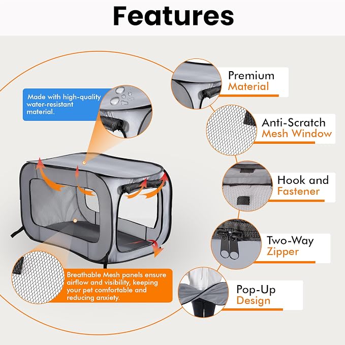 Portable Collapsible Pop Up Kennel, 32.5"L x 19.5"W x 19.5"H, Gray | Collapsible indoor/outdoor travel cat and dog crate with mesh screen windows pops up and folds flat for easy storage - Image 4
