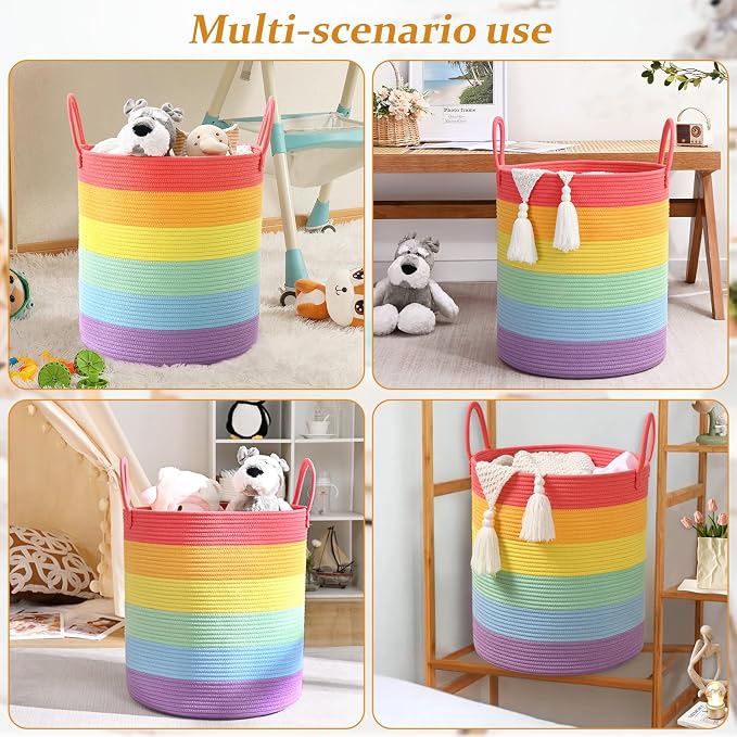 Laundry Hamper for Organizing, 52L Large Laundry Baskets, Cotton Rope Woven Blanket Basket, Collapsible Laundry Hamper for Living Room, Nursery, 15"×18", Rainbow - Image 7
