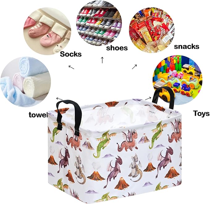 Round Laundry Basket Gragon Nursery Hamper Storage Bins Dinosaur room Decor | Waterproof Canvas Collapsible Storage Basket With Sturdy Handles Multi-scene Organizer Dinosaur For Play Bedroom Decor Gift - Image 7