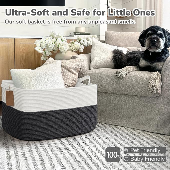 Goodpick 75L Extra Large Woven Rope Blanket Basket, Rectangle, Dark Gray | 22" × 17" × 12" Decorative Storage Basket for Blankets, Toys & Clothes, Fits Living Room, Bedroom & Nursery Organization - Image 5