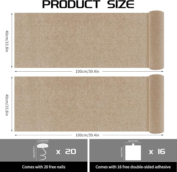 2 Pcs Total 78.8"x15.8" Cat Scratch Mat, Cat Scratch Couch Furniture Protector, Trimmable Self-Adhesive Cats Scratch Pads, DIY Cat Scratcher for Wall Protector and Covering Cat Tower (Khaki) - Image 2