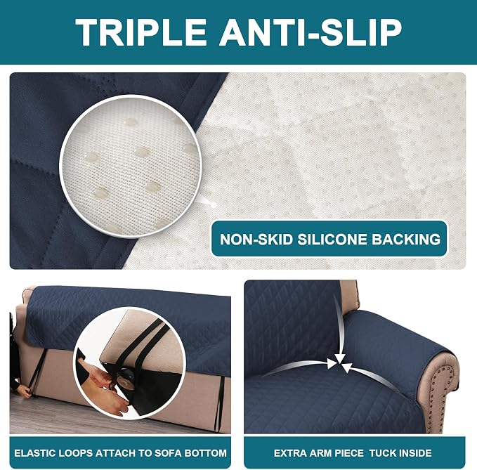 Turquoize 100% Waterproof Couch Cover Sofa Covers for 2 Cushion Couch Loveseat Covers Triple Non-Slip Couch Cover for Dogs Washable Furniture Protector Cover for Pets, Kids (Loveseat 54", Navy) - Image 4