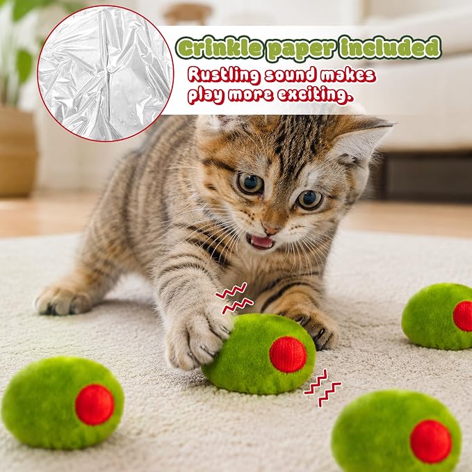 5Pcs Olive Catnip Crinkle Paper Sound Toys for Cat, Catmint Cat Toy Gift | Soft Cotton, Durable for Chew Kick, Catnip Filled Plush Green Olive Interactive Toy for Indoor Kittens Boredom Exercise Play - Image 3