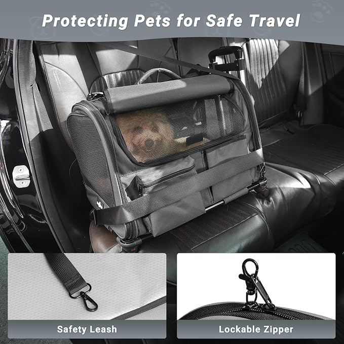 Large Pet Carrier with Wheels, Foldable Rolling Dog Carrier with Big Pocket, Cat Rolling Bag 21"x13"x13" for 2 Cats &Dogs, for Travel, Outdoor, Vet Visits, Camping, Indoor. Gray. (Not for Airline) - Image 5