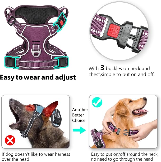 Timos Dog Harness Large Sized, Quick Release Buckles with Handle, Purple XL | Easy On & Off, No Pull No Choke, Adjustable Reflective Soft Padded, Front & Back 2 Clips and Handle for Walking Training - Image 2