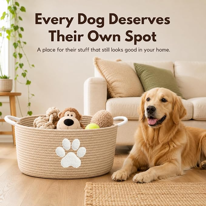 Dog Toy Basket with Handles, Boho Cotton Rope Storage Bin Organizer | Warm boho dog toy organizer, natural woven look. Holds toys, blankets & leashes. Spot washable, collapsible rope bin - Image 2