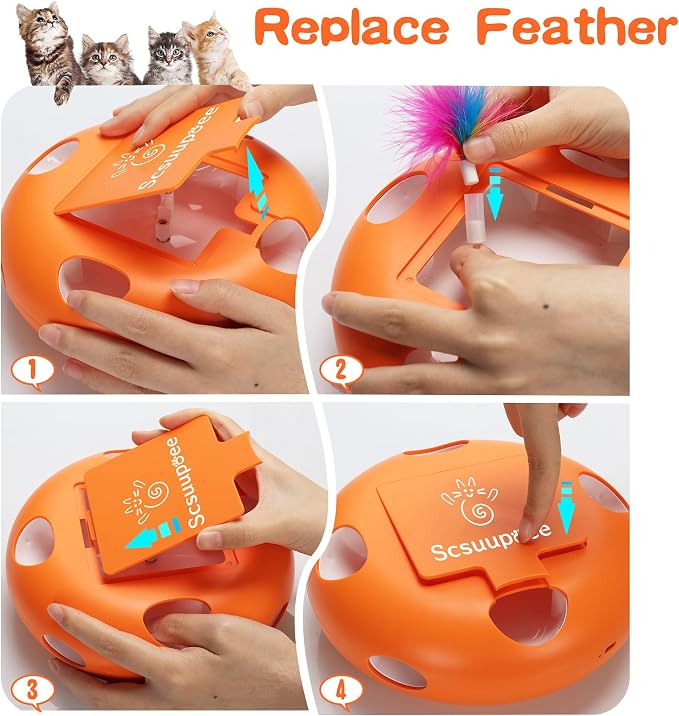Cat Toys, Rechargeable Interactive Cat Toy, Orange | Smart Sensor Pop-Up Feather Toy with 7 Holes, USB Powered Automatic Kitten Toy for Indoor Cats - Image 7