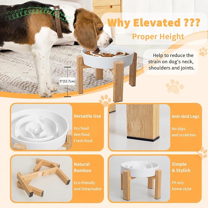Elevated Slow Feeder Dog Bowl - Ceramic Food Dish with Bamboo Stand - Raised Maze Design - Ideal for Medium to Large Dogs - White - 8.8 inch (Pack of 2) - Image 3