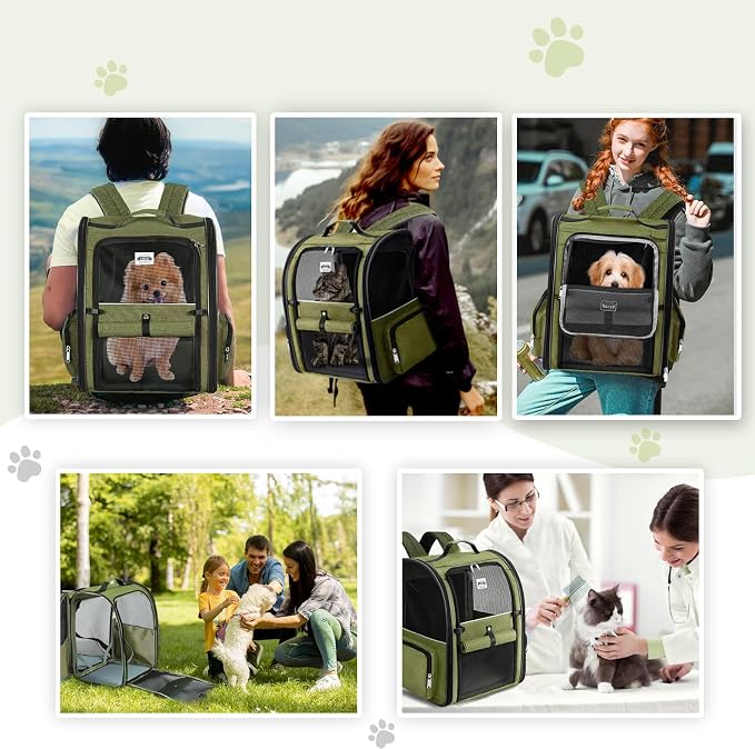 Large Cat Backpack Carrier Expandable Pet Carrier Backpack for Small Dogs Medium Cats Fit Up to 18 Lbs, Dog Backpack Carrier, Foldable Puppy Backpack Carrier for Travel,Dark Green, Large - Image 8