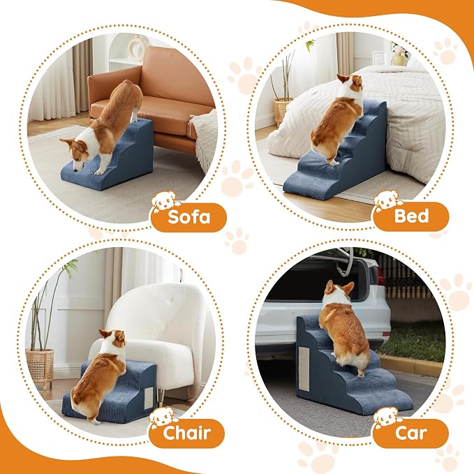 Dog Stairs for Small Dogs 19.7" H, Dog Ramp for Bed, 4-Step, Navy | Dog Steps for Bed, Couch, Pet Stairs with Non-Slip Bottom Design, Cat Scratching,High Density Foam Portable Pet Steps, Indoor - Image 6
