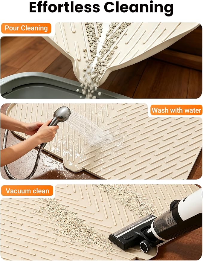 Cat Litter Mat, 47"x37" Extra Large Litter Box Mat, Silicone Mat, Beige | Waterproof Litter Trapping Mat for Scatter Control, Soft on Cat Paws Non-Slip Easy to Clean - Image 6
