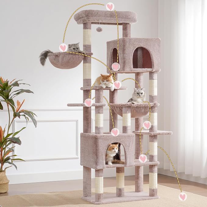 Heybly Cat Tree, 76-Inch Tall Heavy Duty Cat Tower for Big Cats HCT039MU | Multi-Level Large Cat Furniture with Extra Wide Baseboard, 2 Condos & 2 Hammocks, 10 Scratching Posts, Rosy Brown - Image 7