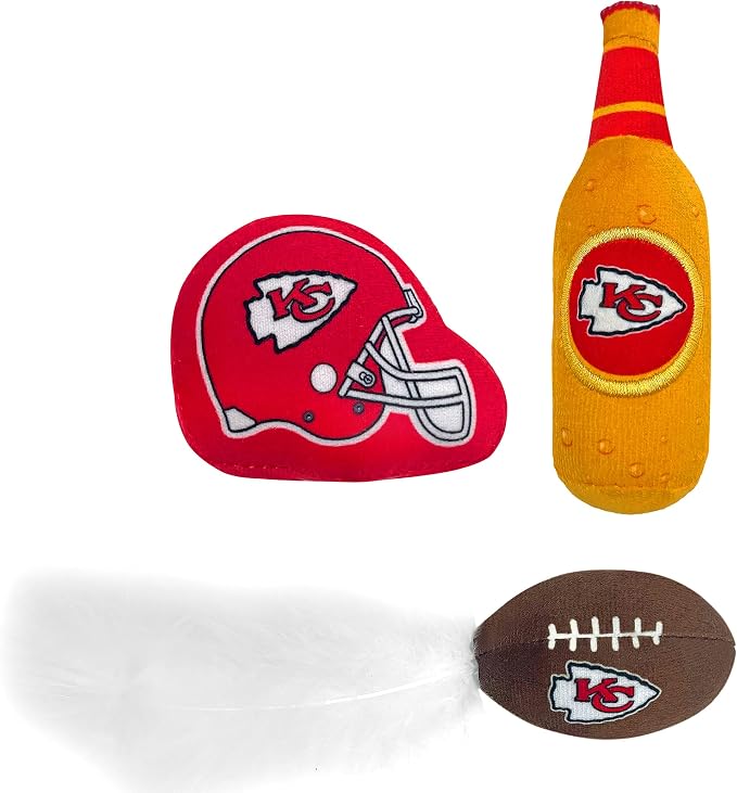 Best Plush CAT Toy - NFL Kansas City Chiefs Complete Set of 3 Piece Cat Toys Filled with Fresh Catnip. Incld: 1 Helmet Cat Toy, 1 Football Cat Toy with Feathers, & 1 Beer Bottle. Beautiful Team Logos - Image 6