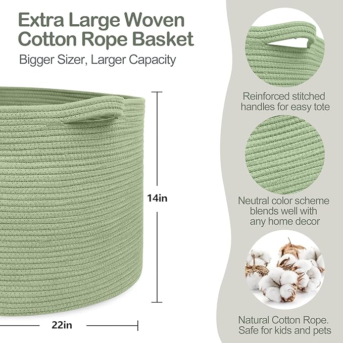 MEGASKET Extra Large Green Basket, 22" X 22" X 14" Woven Cotton Rope Baskets for Blankets, Nursery Laundry Basket, Cute Kids Toy Storage Bin, Green Living Room Bedroom Decor Baskets for Organizing - Image 2