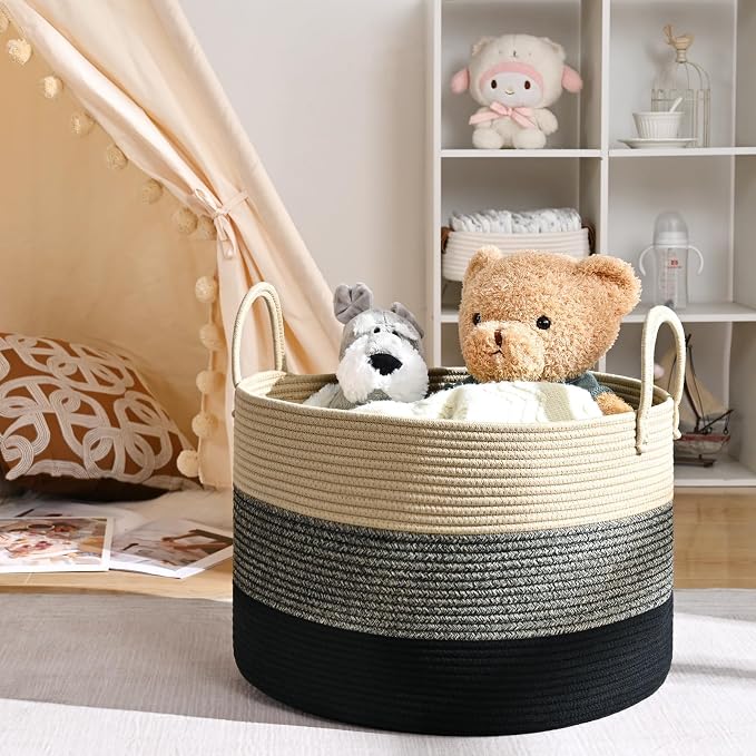 67L Large Woven Blanket Basket, Cotton Rope Baby Laundry Hamper with Handles, Kids Toy Basket for Classroom & Nursery, Soft Round Stuffed Animal Storage, Dog Toy Bin - 20"x13", Black & Brown - Image 7