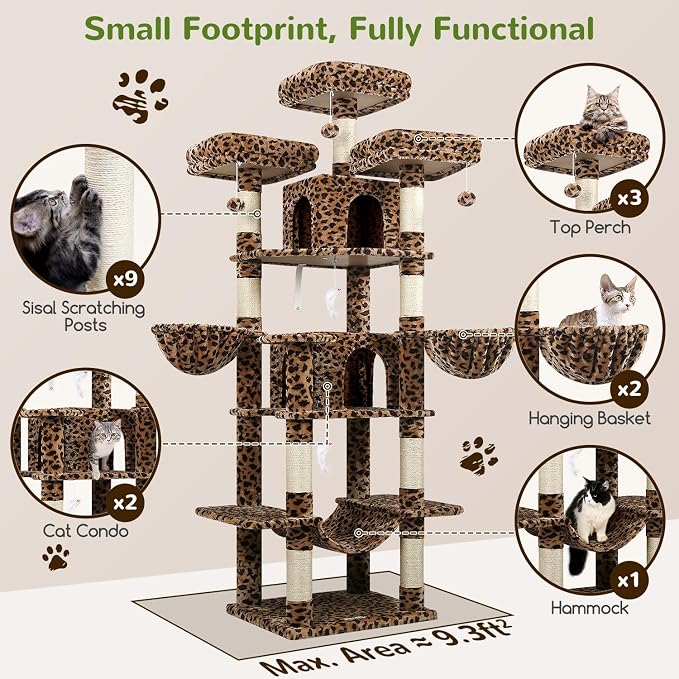 Globlazer Big XXL Cat Tower for Indoor Multiple Cats, F80, Leopard Print | 80 inch Cat Tower for Adult Cats Cat Tree with Scratching Post, Hammock, 3 Perches, 2 Condos, 2 Hanging Basket - Image 2