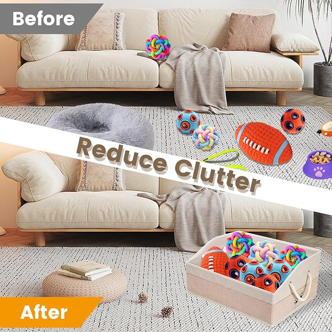 Large Dog Toy Basket with Handle, Foldable Dog Toy Box for Living Room Area , 20" Basket for Dog's Supplies, Organizer and Storage with Hard Board, Anti-Slip for Pet Toys (Beige, Medium 20"×15") - Image 4