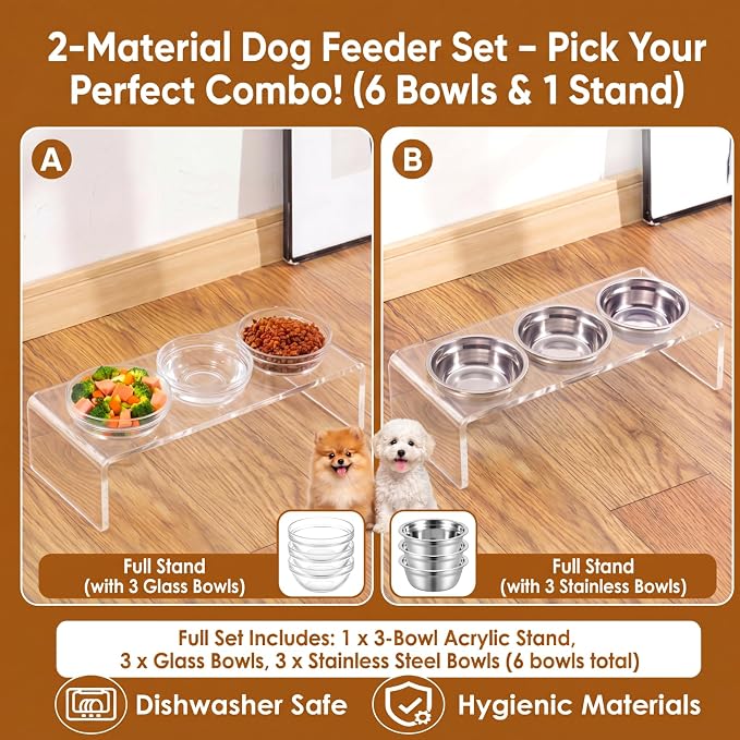 Elevated Acrylic Dogs Bowl Stand, 3.75" Tall Raised Cat & Dog Bowls with 3 Stainless & 3 Glass, Non-Slip, Easy to Clean, Raised Dog Bowls for Small Dogs, Cats, Pets, Puppy - Image 2
