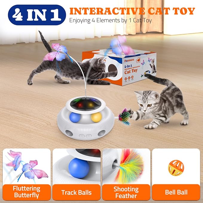 Pawtners Cat Toys, Automatic Interactive Kitten Toys for Indoor Cats, White | Fluttering Butterfly, Moving Feather, Track Balls and USB Rechargeable Powered Smart Indoor Exercise Kicker - Image 5