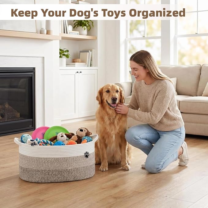 Optish 40L Extra Larg Dog Toy Basket, Woven Rope Storage Basket,White-Brown | 20" x 14" x 9" XL Toy Storage Box and Bin with Handles for Living Room, Bedroom Organization, Foldable, Durable, Home Decor - Image 5