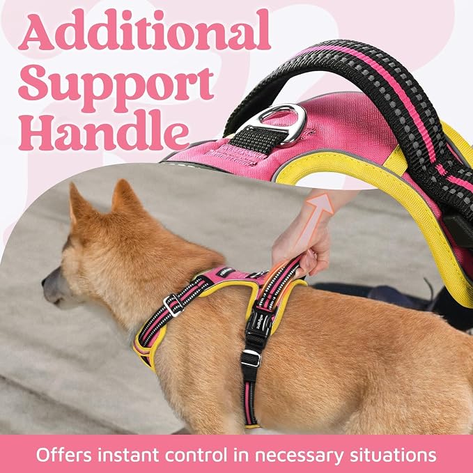rabbitgoo Dog Harness Medium Sized, No Pull 3 Buckles Easy On & Off | Soft Padded, Walking with Control Handle, Adjustable and Reflective, Pink & Yellow, Medium - Image 4