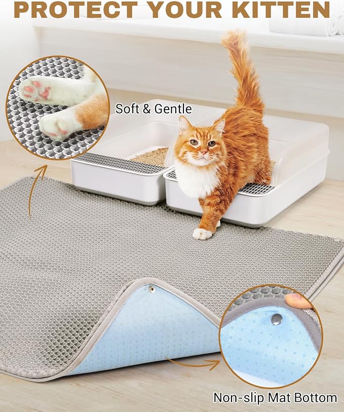 Fostanfly Cat Litter Mat, Machine Washable, Extra Large XL 45"x27", Gray | Cat Litter Trapping Mat, Urine & Waterproof, Double Layer Design, Honeycomb Scatter Control- Easy Clean for Floor - Image 4