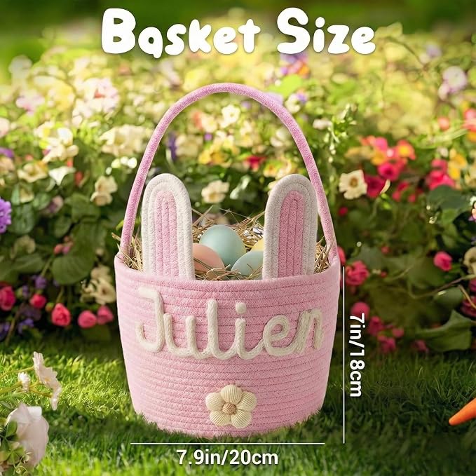 MBBEST Personalized Easter Bunny Basket - Custom 3D Name Cotton Rope Easter Bucket with Cute Ears & Plush Charm, Hand-Woven Easter Egg Hunt Bag, Unique Gift Storage for Kids Toddlers Boys Girls - Image 2
