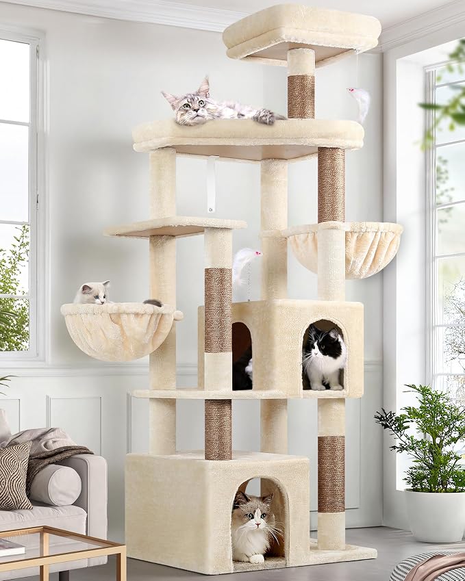 Globlazer Sturdy Cat Tree for Indoor Cats 20 lbs, S68, Beige | 68-inch Large Cat Tower for Adult Big Cats, Heavy Duty Cat Tree with Extra Large Platform, 5 Scratching Post by Globlazer