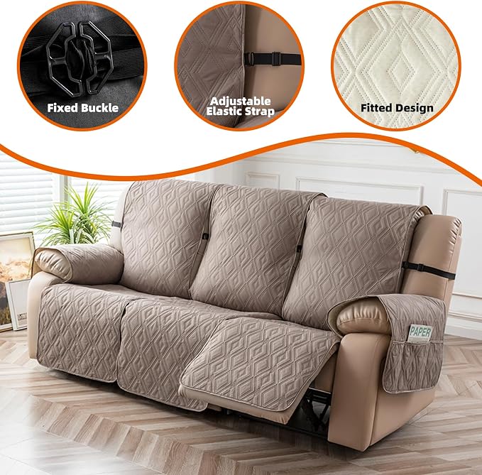 Genina Waterproof Couch Cover for Reclining Couch 3 Seater Non-Slip, Washable Recliner Sofa Covers for 3 Cushion Couch, Furniture Covers Couch Protector for Dogs Pets Kids (Taupe, Recliner Sofa) - Image 7